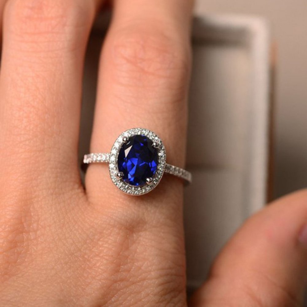NEW Silver Sapphire Diamond Halo Oval Cut Ring
